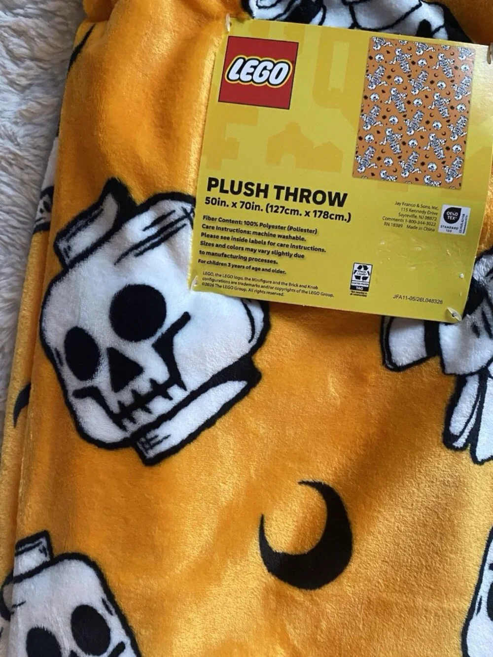 LEGO Skeleton Halloween Plush Throw Blanket 50” X 70” Orange All-Over Print NEW
